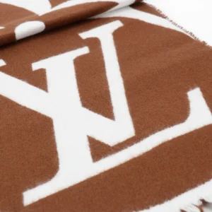 Louis Vuitton Mahjong Double Sided Wool Cashmere Tassel Scarf featuring a brown and white logo design, highlighting luxury replica fashion.
