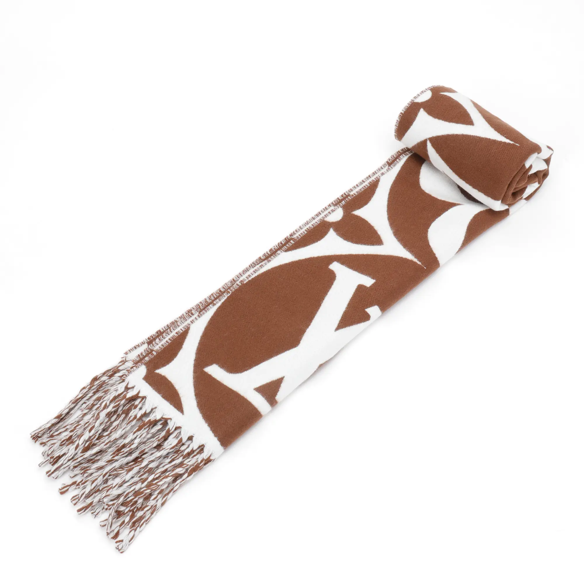 Louis Vuitton Mahjong Double Sided Wool Cashmere Tassel Scarf in brown and white, featuring iconic logo design and fringed edges.