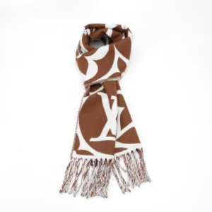 Louis Vuitton Mahjong Double Sided Wool Cashmere Tassel Scarf in brown and white, featuring iconic logo design and fringed edges.