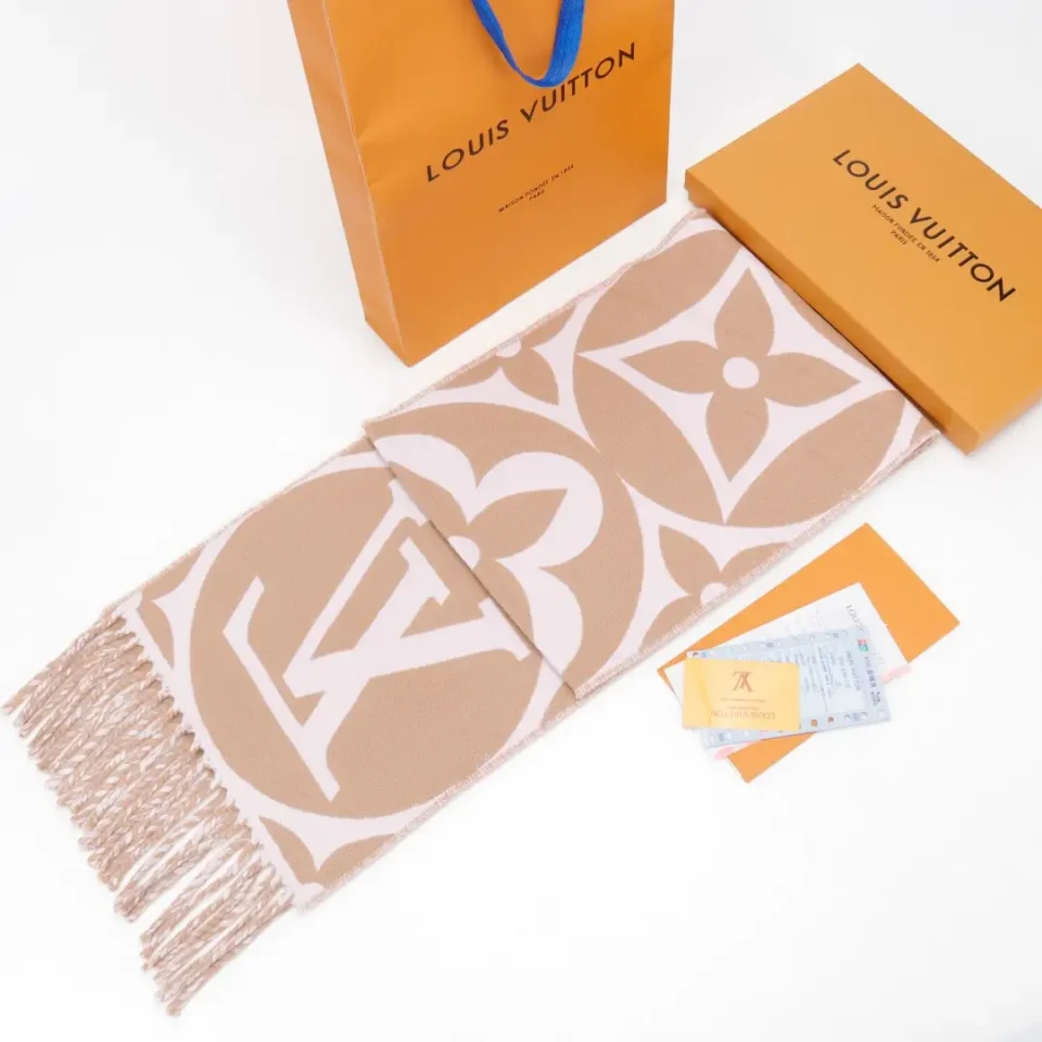 Louis Vuitton wool cashmere scarf beige white monogram pattern with fringe edges and branded packaging
