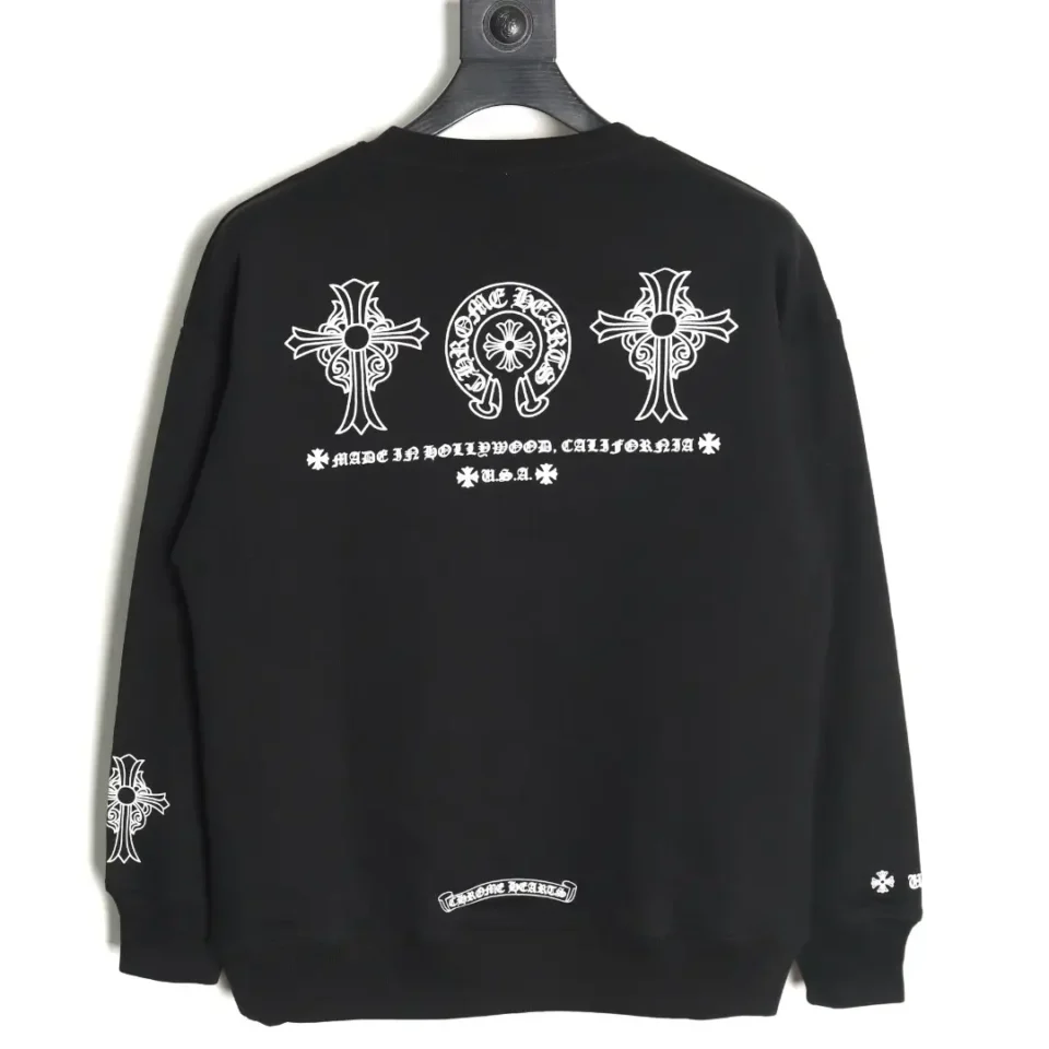 Chrome Hearts sweatshirt black cotton with white gothic cross and horseshoe graphic design