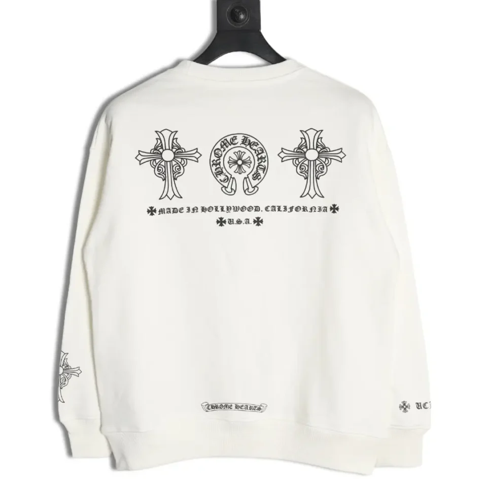 Chrome Hearts sweatshirt white cotton with black cross and horseshoe graphic prints on back and sleeves
