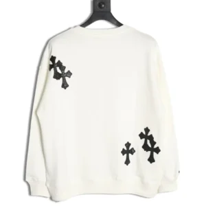Chrome Hearts hoodie featuring black leather cross designs on a white sweatshirt, showcasing a minimalist and elegant style.