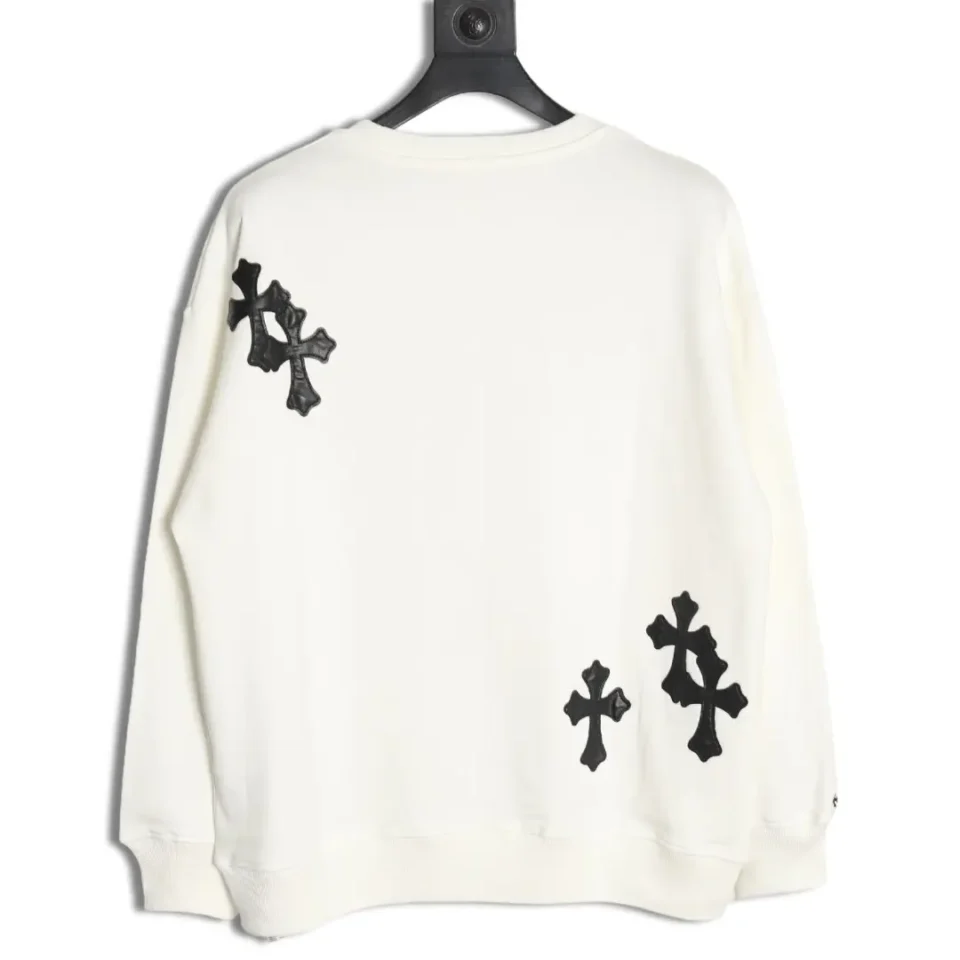 Chrome Hearts sweatshirt white cotton with black leather cross patches on back and sleeve