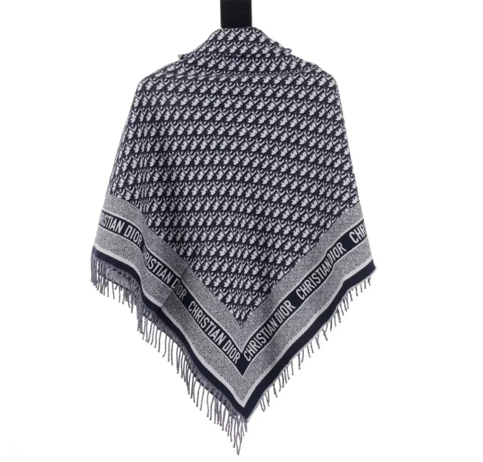 Christian Dior shawl navy white woven fabric monogram fringed edges luxury accessory
