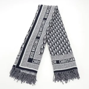 Christian Dior scarf blue white wool jacquard pattern with fringed edges accessory