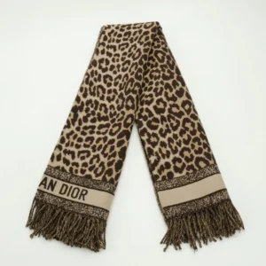 Christian Dior scarf leopard print brown beige wool with fringe detailing