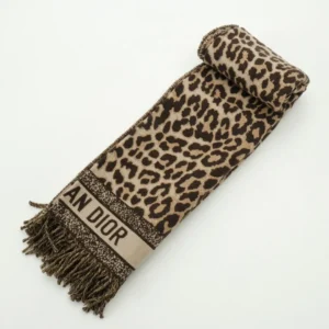 Dior scarf beige brown leopard print wool blend with fringe detailing accessory