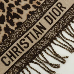 Christian Dior scarf leopard print beige black wool fringed accessory