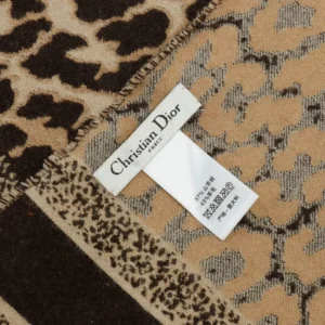 Christian Dior scarf beige brown wool blend with animal print pattern and brand label