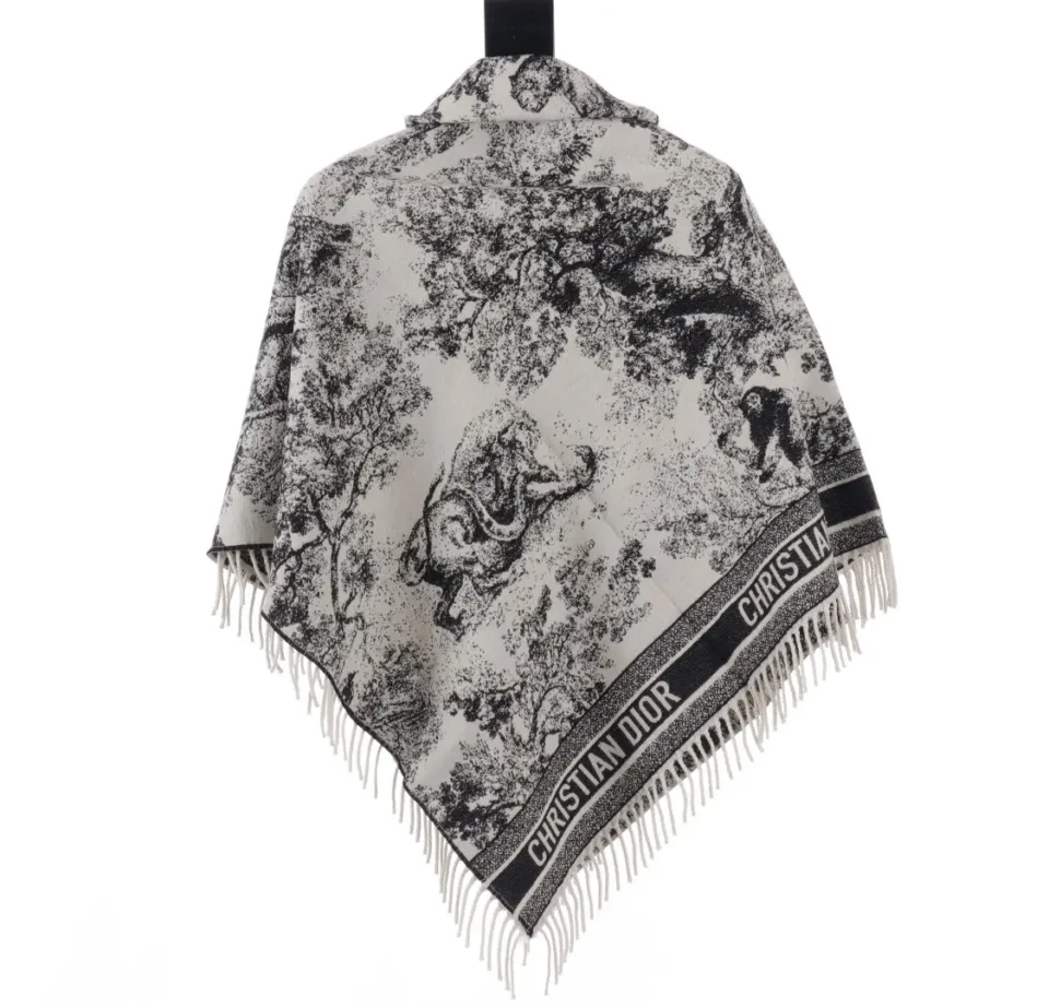 Christian Dior shawl black white wool blend fringed edges with toile de Jouy print design