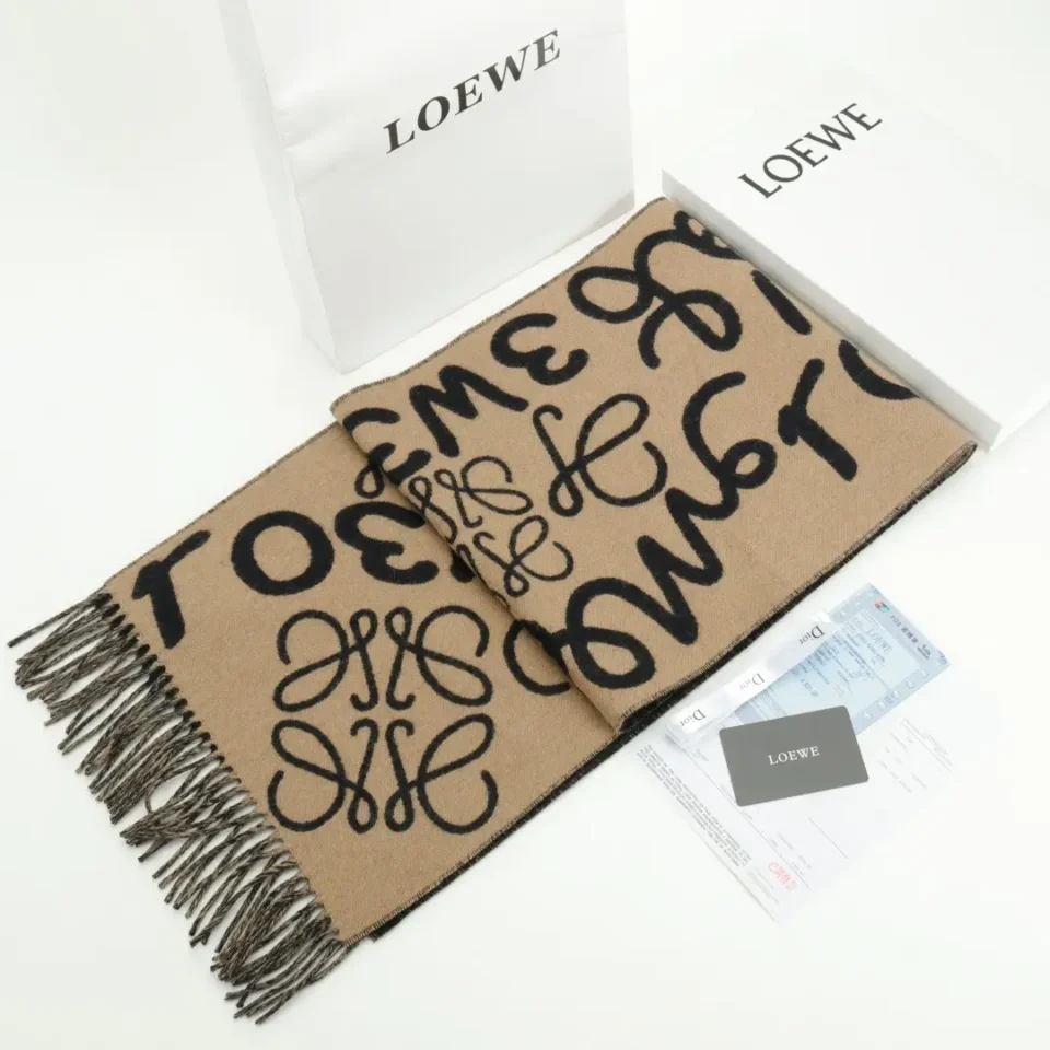Loewe scarf large size beige black wool with anagram pattern and fringed edges