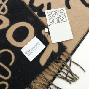 Loewe scarf large logo beige black wool accessory with fringed edges and brand tags
