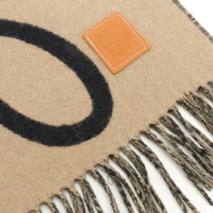 Loewe Logo scarf beige black wool with tan leather patch and fringed edges accessory