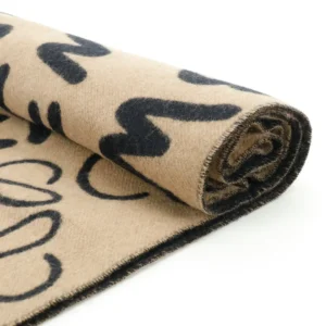 Acne Studios scarf beige black wool blend with logo print and raw edge detailing accessory