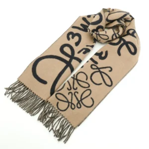 Loewe logo scarf beige black wool blend fabric with fringe edge accessory