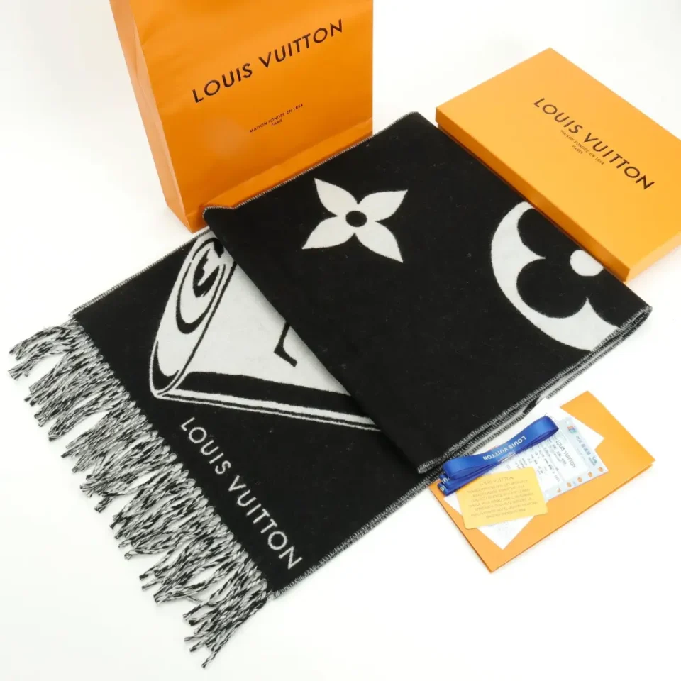 Louis Vuitton scarf black white wool with monogram and fringe detail with branded packaging and tags