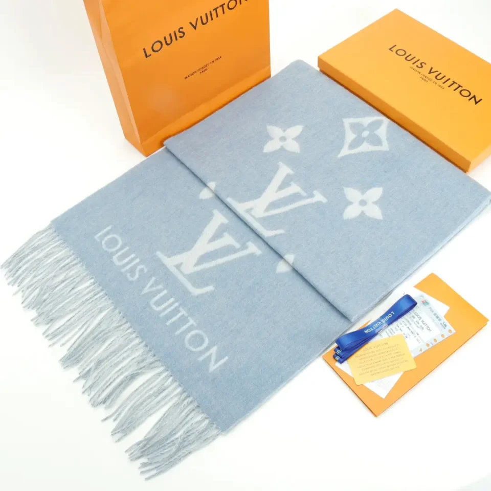 Louis Vuitton scarf light blue wool with white monogram and fringe detailing accessory