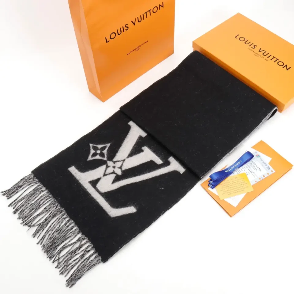 Louis Vuitton scarf black grey wool with fringed edges and LV logo pattern