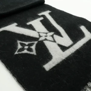 Louis Vuitton scarf black wool with white LV logo and monogram pattern luxury accessory