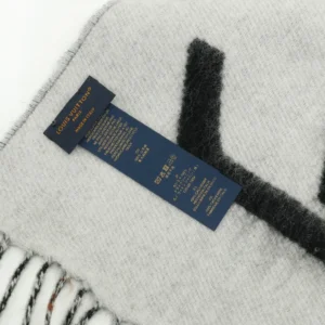 Louis Vuitton scarf light gray black wool blend with fringe detailing luxury accessory