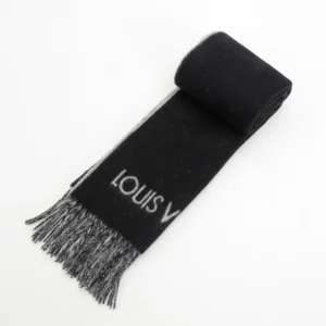 Louis Vuitton scarf black wool with fringed ends and partial white logo design accessory