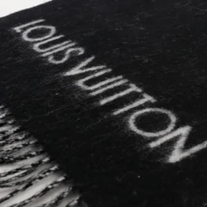 Louis Vuitton wool scarf black white fringe with logo embroidery