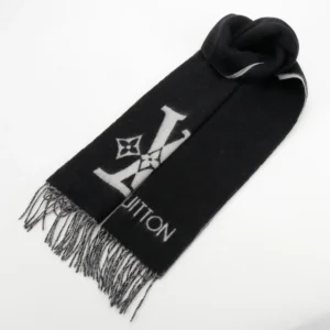 Louis Vuitton scarf black wool gray logo fringe accessory winter fashion