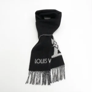 Louis Vuitton scarf black gray wool accessory with fringe and monogram pattern