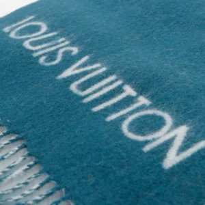 Louis Vuitton scarf blue wool fabric with white logo and fringed edges accessory