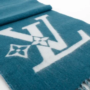 Louis Vuitton scarf blue wool with white LV logo and floral motif winter accessory