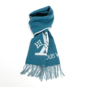 Louis Vuitton scarf blue wool with white monogram logo and fringed edges accessory