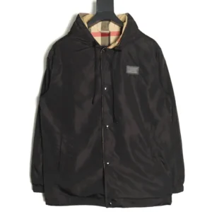 Burberry hooded jacket black nylon with beige check cotton lining lightweight winter coat