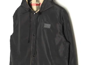 Burberry hooded jacket black nylon with beige check lining and logo patch on chest