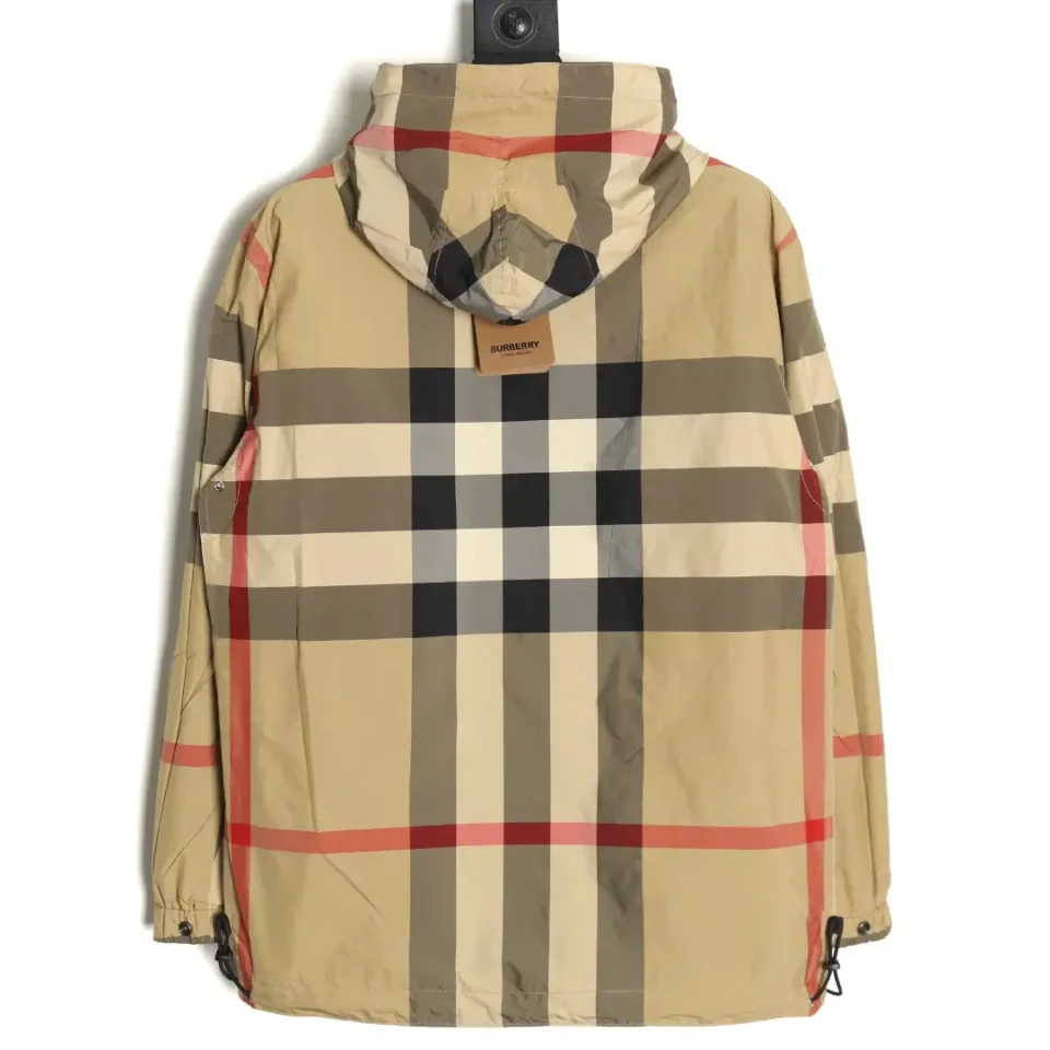 Burberry Lightweight Hooded Jacket beige black red check pattern nylon material outerwear