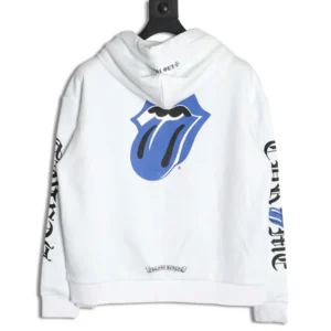 Chrome Hearts hoodie white cotton blue tongue logo black text on sleeves and hem