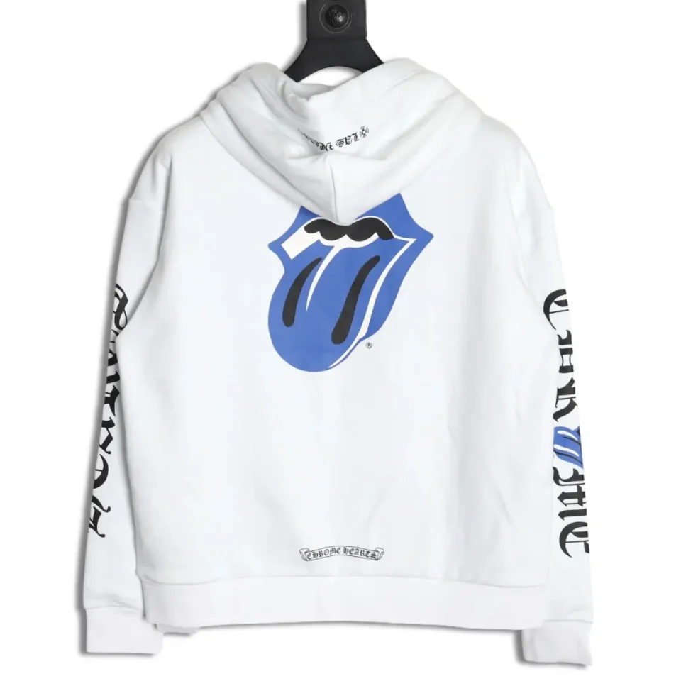 Chrome Hearts hoodie white cotton blue tongue logo black text on sleeves and hem