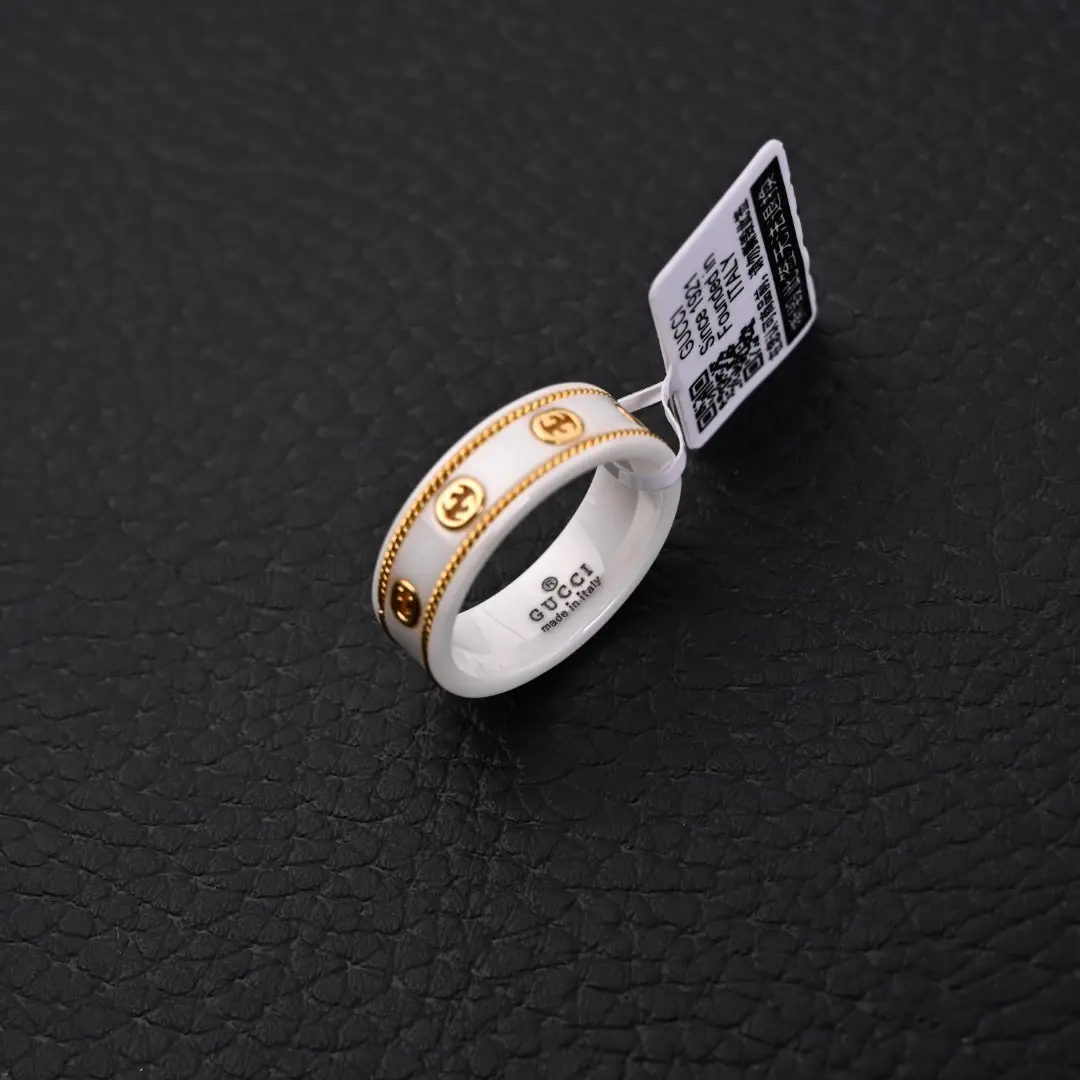 Gucci ring white ceramic gold-tone accents double G logo band accessory