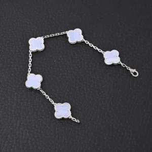 Van Cleef & Arpels Blue Jadeite Bracelet featuring five four-leaf clover motifs, crafted with S925 silver and thick plated 18K gold, showcasing elegant design and craftsmanship.