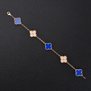 Van Cleef Arpels replica bracelet featuring blue fritillaria and four leaf clover motifs, crafted with high-end 925 pure silver and electroplated 18K gold.