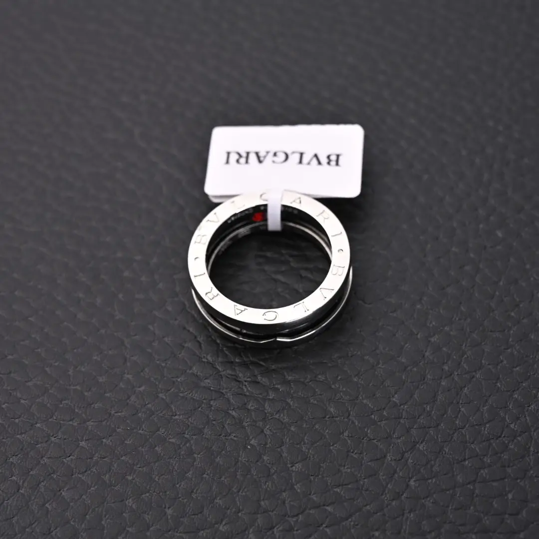 Bvlgari ring silver stainless steel with engraved logo and black details accessory