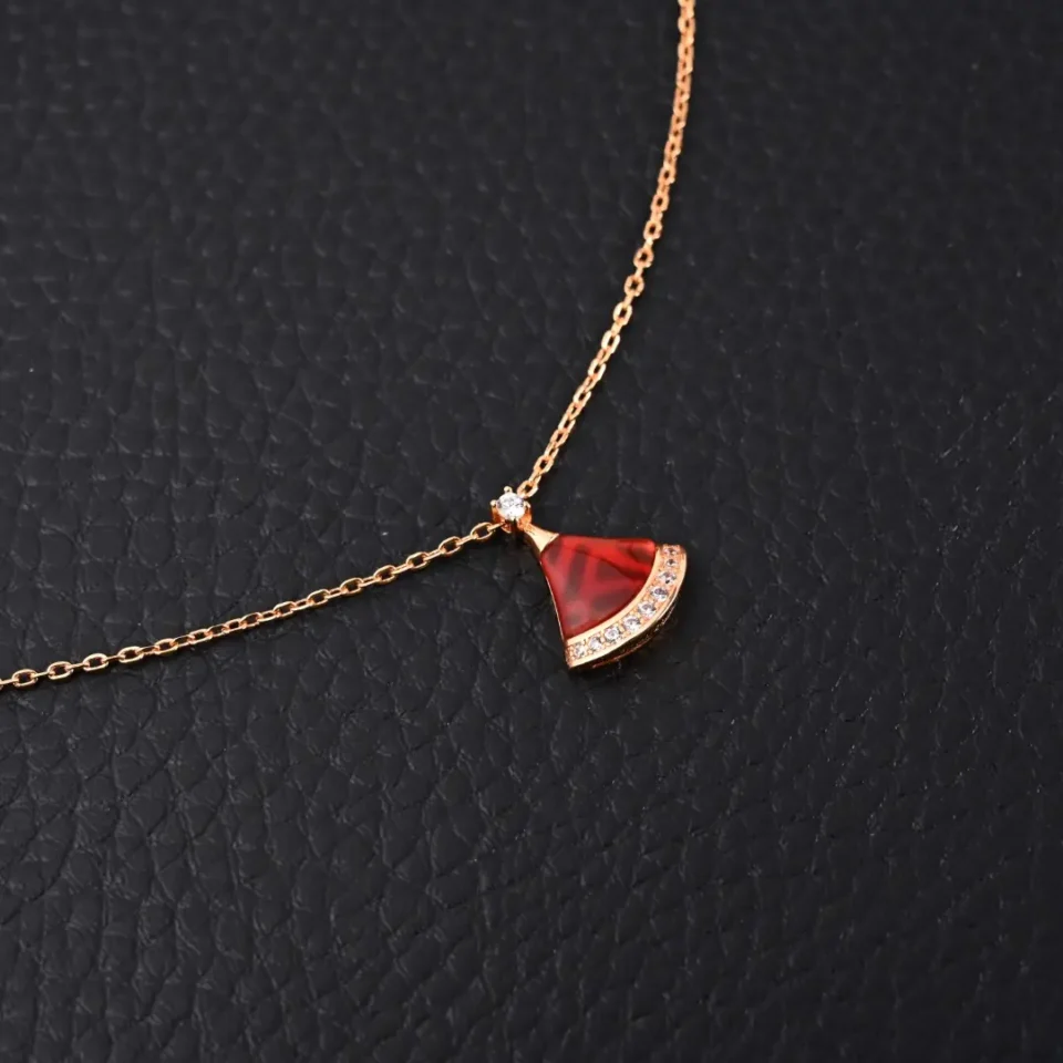 Unknown brand necklace red fan-shaped pendant gold chain with crystal accents accessory