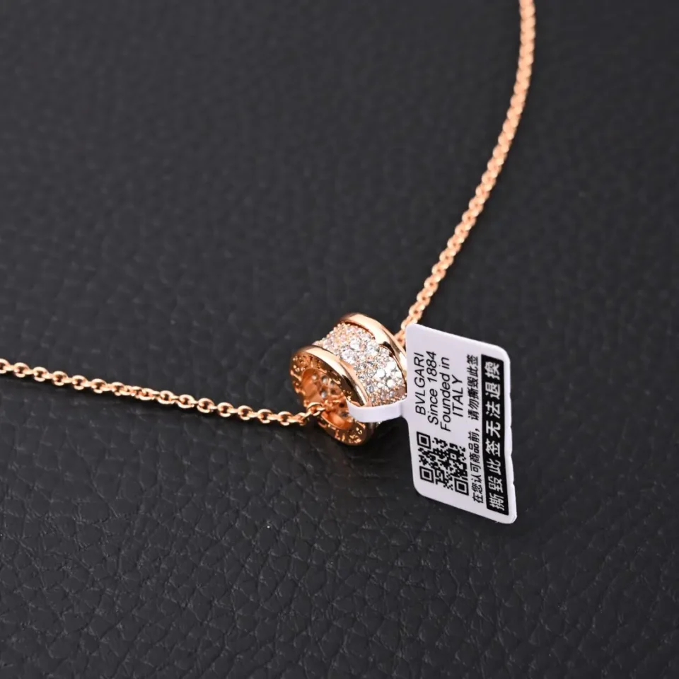 Bvlgari necklace rose gold with pav&eacute; diamond charm delicate chain accessory