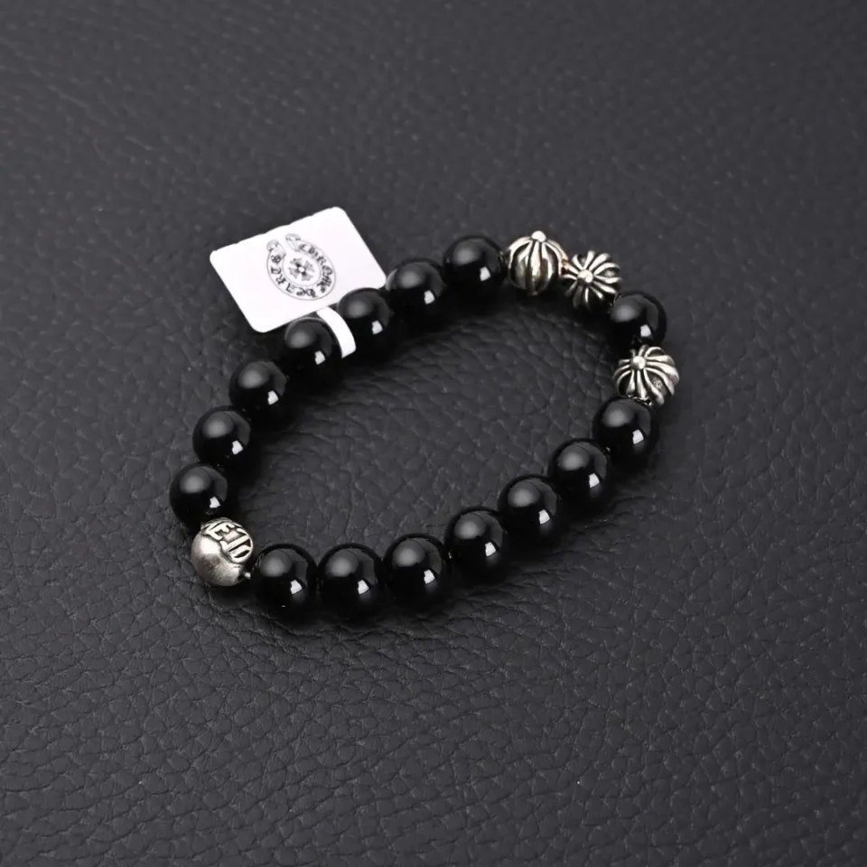 Chrome Hearts beaded bracelet black agate silver-tone metal accents elastic band accessory