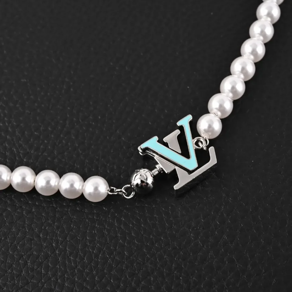 Louis Vuitton necklace silver blue LV charm white pearl beads accessory elegant design