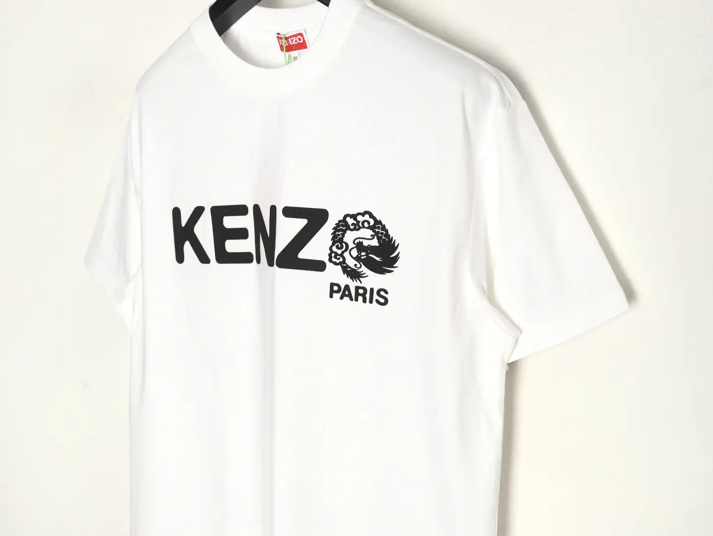 Kenzo T-shirt white cotton crew neck with black dragon logo print Paris design