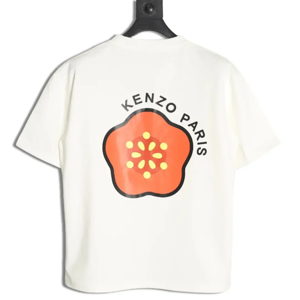 Kenzo Paris T-shirt white cotton with orange floral logo print on back