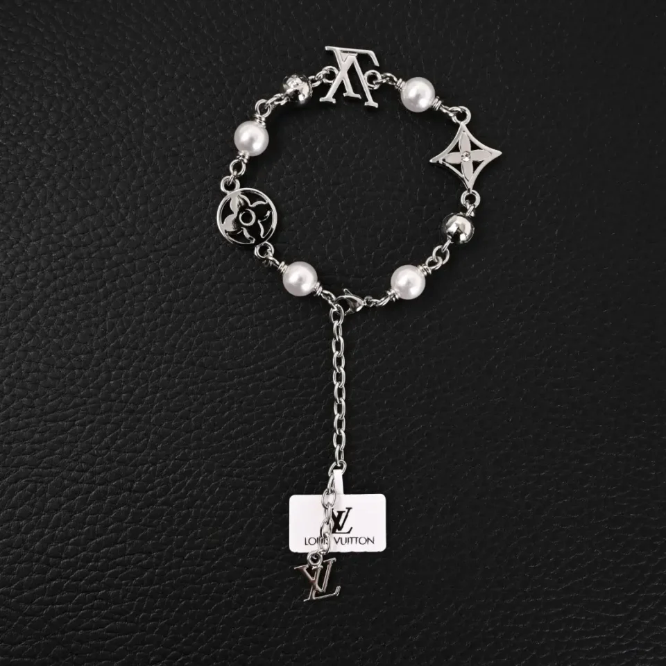 Louis Vuitton charm bracelet silver metal with white pearl accents and LV logo charms