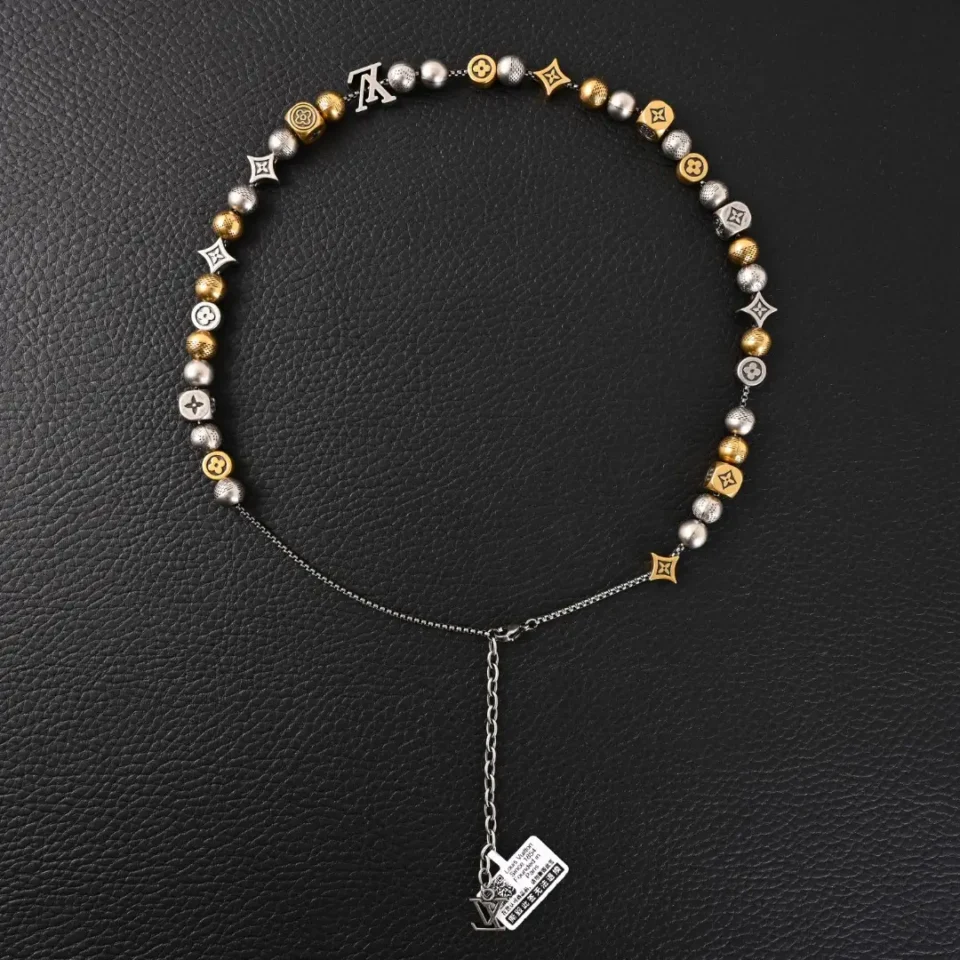 Louis Vuitton necklace silver gold-tone metal beads LV logo adjustable chain accessory