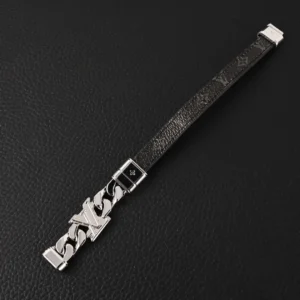 Louis Vuitton replica Links logo leather buckle bracelet with metal chain detail on a black background.
